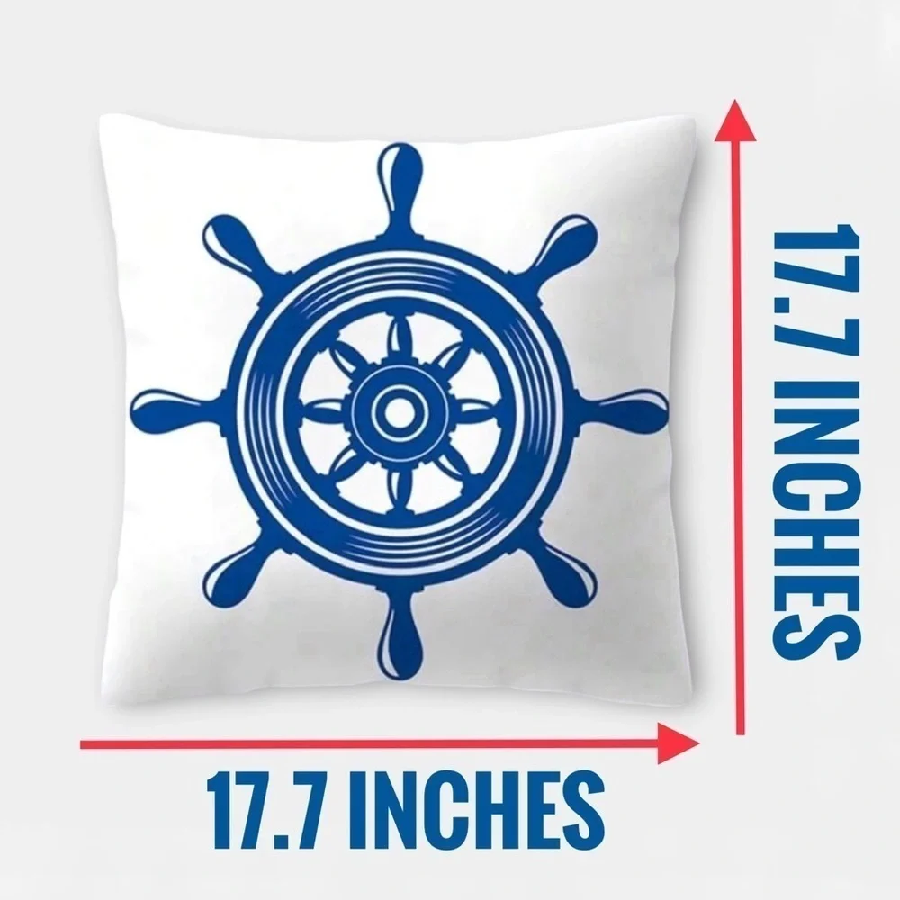 Coastal Pillow Cover Ship Wheel Nautical Beach Decor Square 17.75 in Blue White